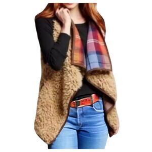 Oversized Rustic Sleeveless Plaid Vest Womens XS Faux Fur Sherpa Cabin Cardigan
